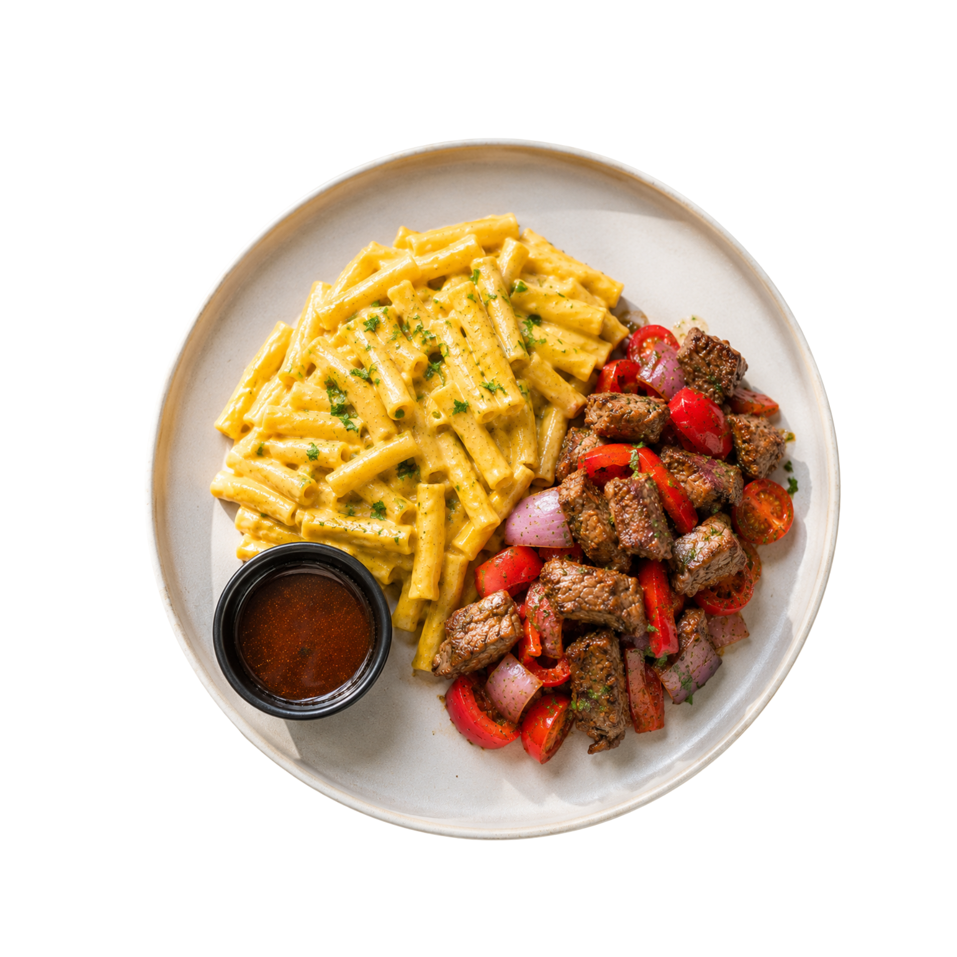 Macarrones en Salsa Huancaína Ligera + Lomo Saltado (Macaroni in Light Huancaína Sauce + Peruvian Stir-Fried Beef)
