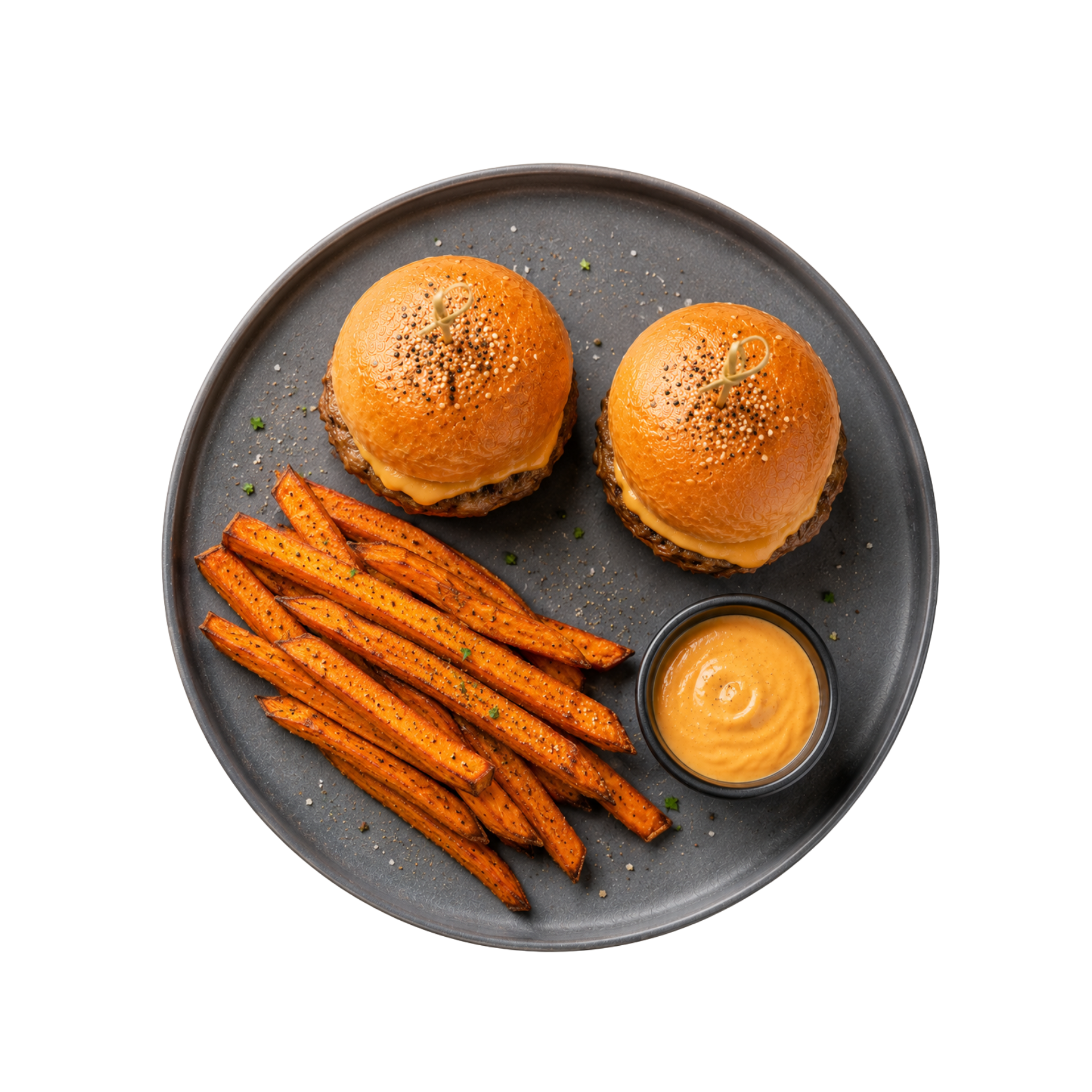 2 Burger Sliders Hook + Camote Crocante (2 Hook Burger Sliders + Crispy Sweet Potato Sticks)