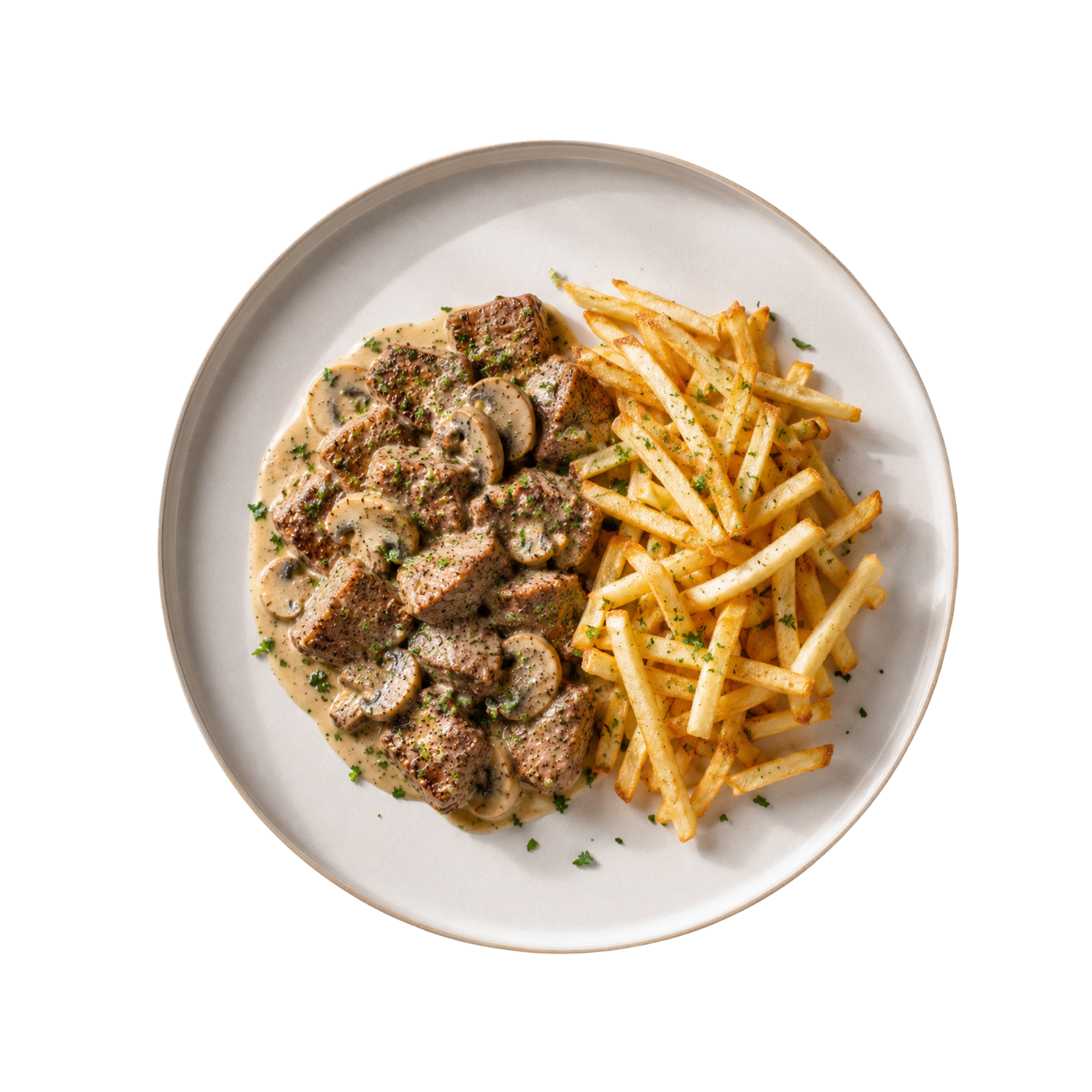 Lomo en Salsa de Champiñones + Papas Crocantes (Lean Beef in Creamy Mushroom Sauce + Crispy Potatoes)