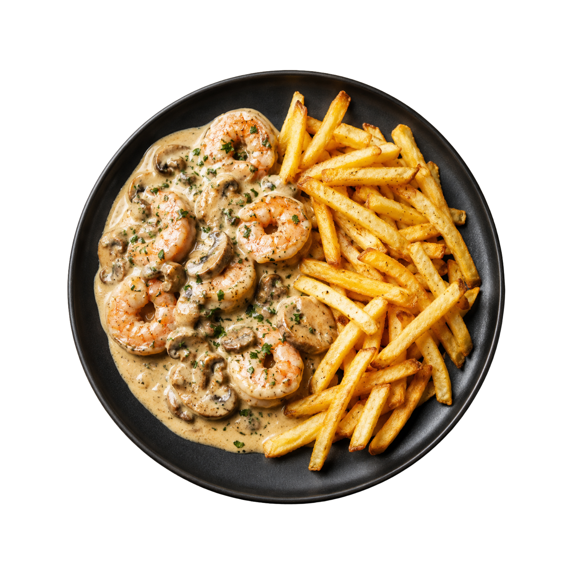 Langostino en Salsa de Champiñones + Papas Crocantes (Shrimp in Creamy Mushroom Sauce + Crispy Potatoes)