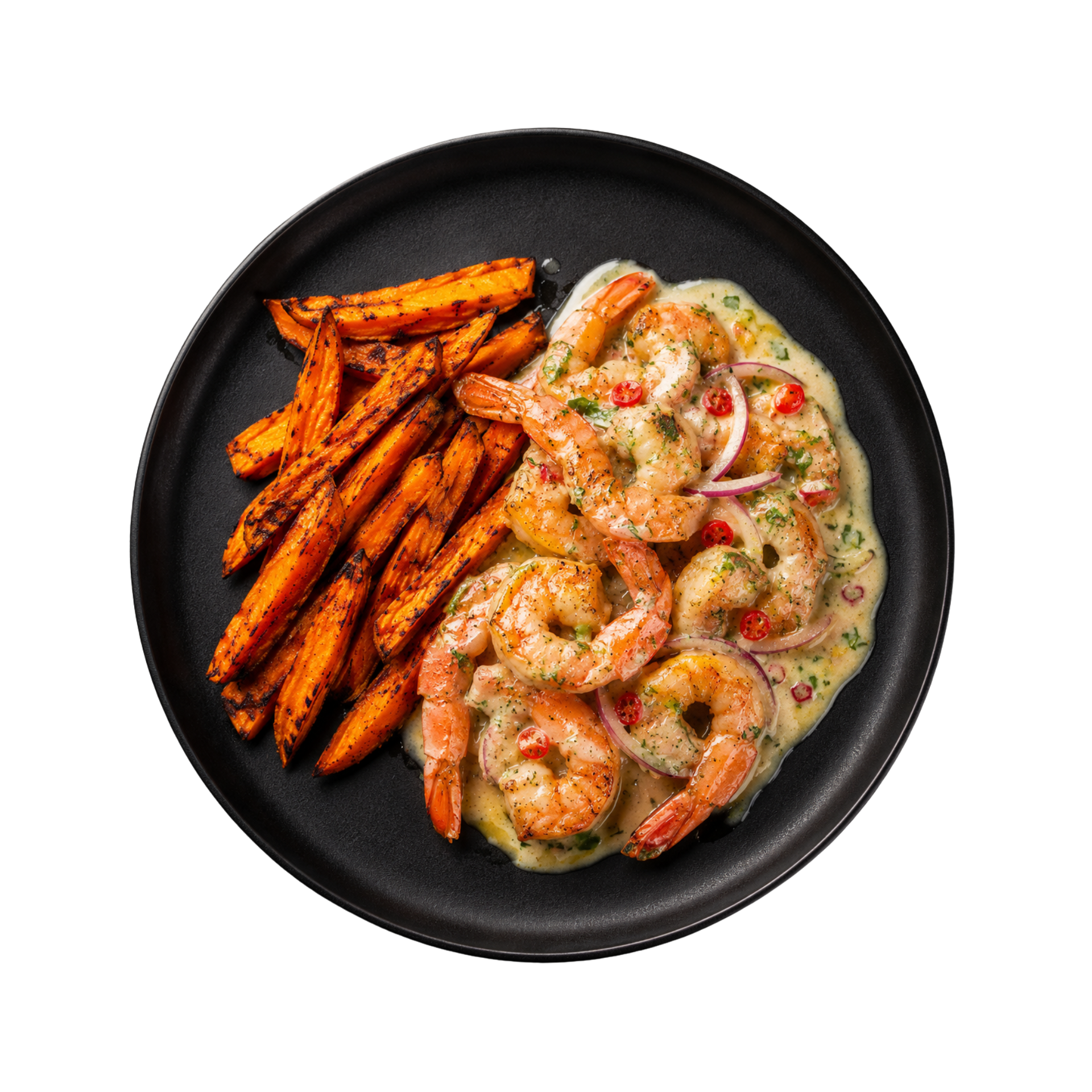 Langostinos Acevichados + Camote Glaseado (Acevichado Shrimp + Glazed Sweet Potato)