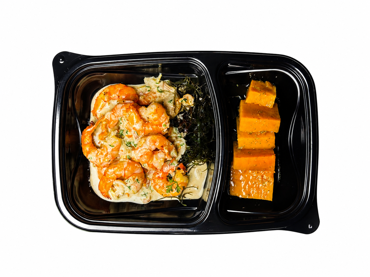 Langostinos Acevichados + Camote Glaseado  (Acevichado Shrimp + Glazed Sweet Potato)