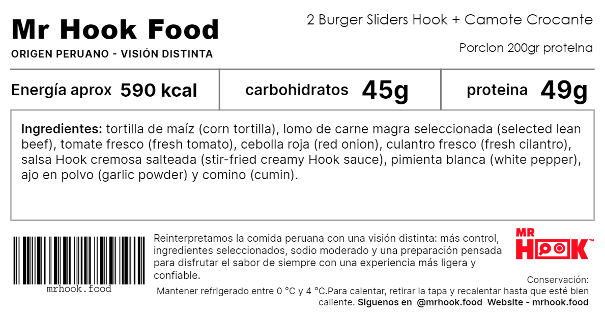2 Burger Sliders Hook + Camote Crocante (2 Hook Burger Sliders + Crispy Sweet Potato Sticks)